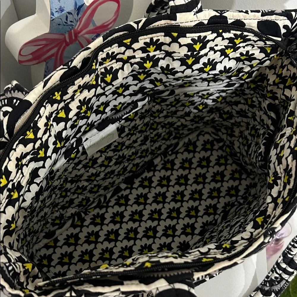 Vera Bradley Black & White Floral Quilted Tote with Yellow Highlights - Picture 5 of 8